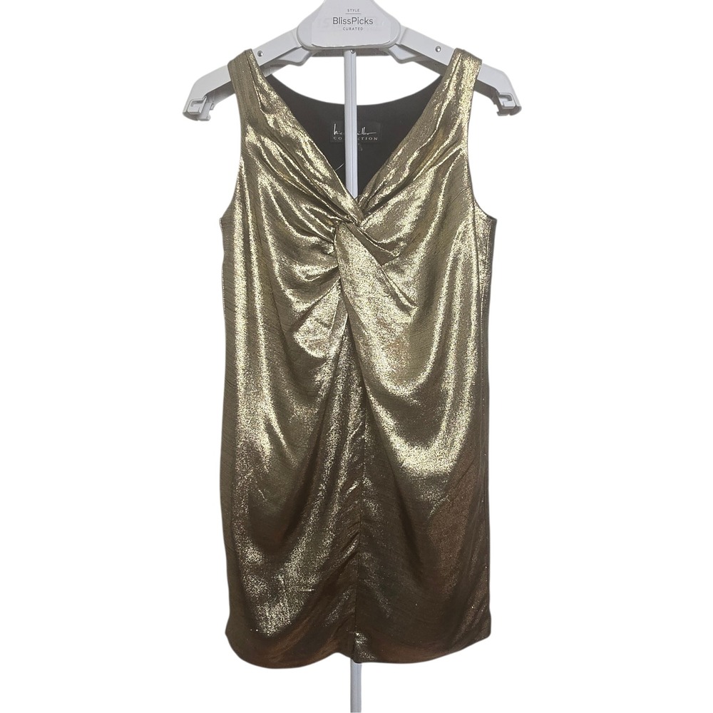 Nicole‎ Miller Collection Gold Metallic Twist Front Cocktail Dress Small 33